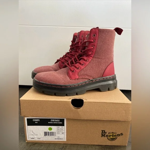 Men’s DR MARTENS Combs Red* Canvas + Kanga Combat Boots Dr. Martens Combs Combat Boots Mens 11 Womens 12 Grenade  main image 2